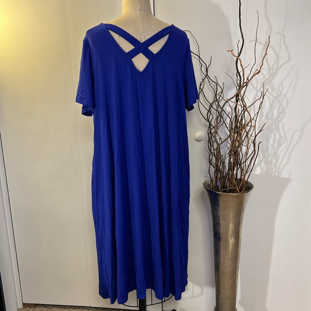 Jessica London royal blue midi short sleeve V-neck dress with pockets - Picture 4 of 8